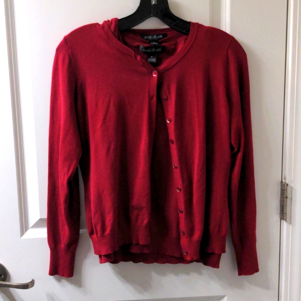 VTG August Silk Women's Blouse & Cardigan Set Vintage Stitched Blood Red Wine 🍷